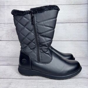 Totes Womens Black Quilted Mid Calf Winter Boots Faux Fur Trim Size 8